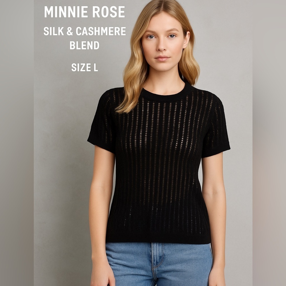Minnie Rose Black Sheer Knit Top (Silk & Cashmere Blend) – Size Large